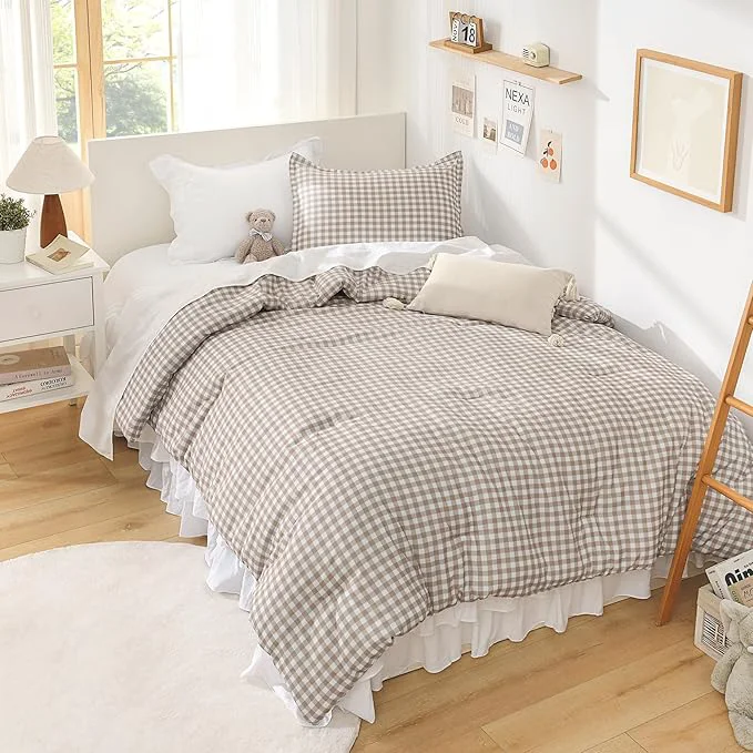 Reusable Andency Tan Gingham Comforter Set Twin 66x90Inch Brown Checkered Grid Plaid Buffalo Bed Set for Girls Boys Kids Teens 2 Pieces Lightweight Polyester Geometric Preppy Bedding World-Class