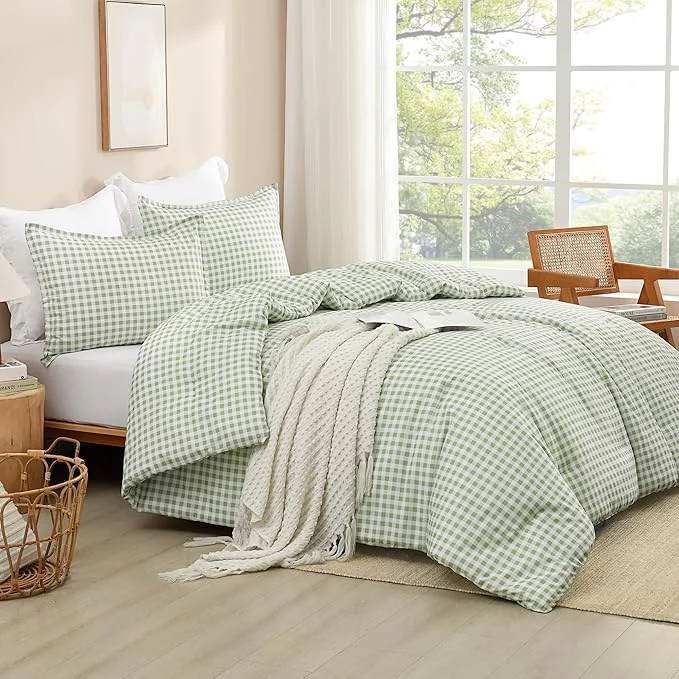 High-Quality Andency Sage Gingham Comforter Set Queen 90x90Inch Green Checkered Grid Plaid Buffalo Bed Set for Girls Boys Kids Teens 3 Pieces Lightweight Polyester Geometric Preppy Bedding Quality