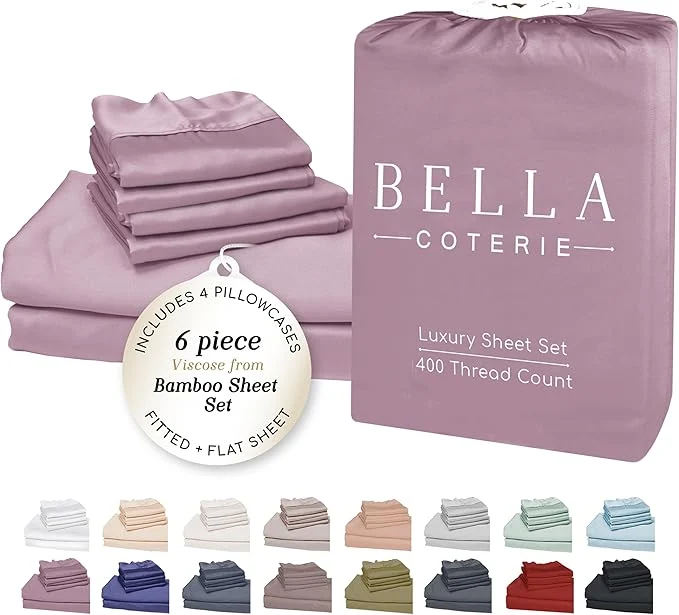 Functional Bella Coterie 6 Piece Luxury Bamboo Viscose Split Top King Size Sheet Set 34 quot Split for Adjustable Beds Organically Grown Cooling 18 Deep Pocket 4 Pillowcases Lilac Advanced