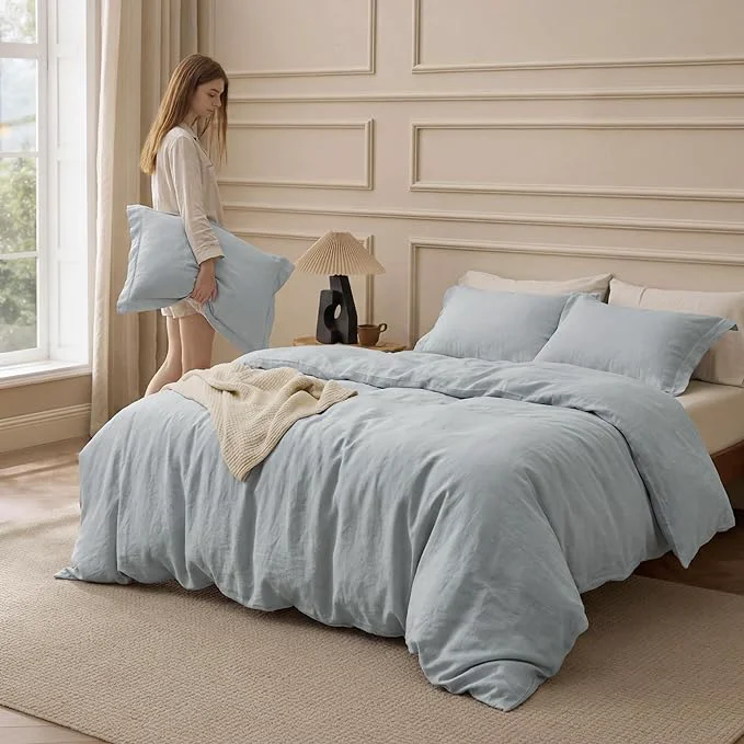 Selected Bedsure Washed Cotton Duvet Cover King Size - Pastel Blue Minimalist Bedding Set Linen Like - PureWoven Plain Simple amp Soft Comforter Cover for All Seasons Pastel Blue King 104 quot x90 quot High-Quality