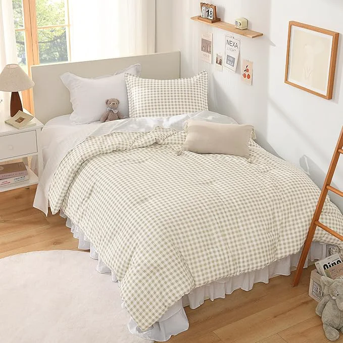 Exclusive Andency Beige Gingham Comforter Set Full 79x90Inch Cream Checkered Grid Plaid Buffalo Bed Set for Girls Boys Kids Teens 3 Pieces Lightweight Polyester Geometric Preppy Bedding Fashionable