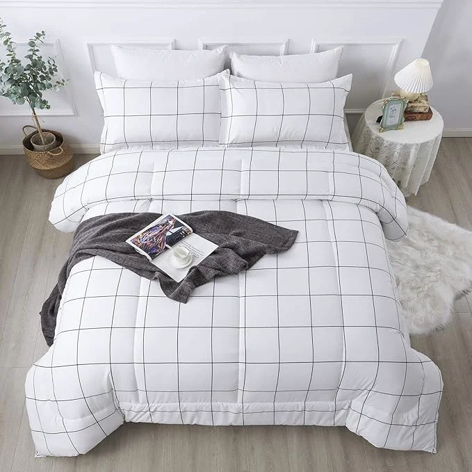 Versatile Andency White Grid Comforter Set Full 79x90Inch 3 Pieces 1 Plaid Comforter and 2 Pillowcases White Plaid Comforter Set Lightweight Polyester Gingham Geometric Comforter Bedding Set Elite