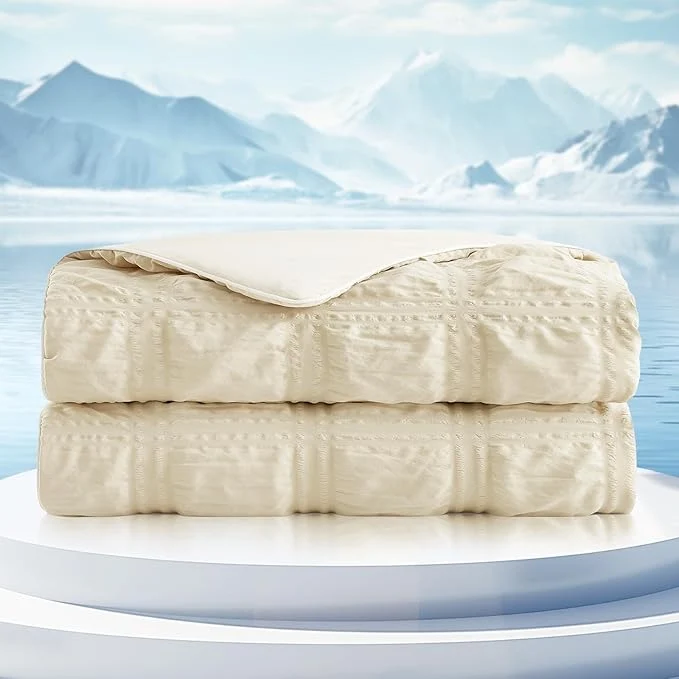 Easy-to-Use Cozy Bliss Cooling Comforter Seersucker Plaid Twin Size Q-Max 0.45 Lightweight Cooling Blanket Breathable Silk Smooth Summer Bedding Quilt for Hot Sleepers Night Sweats Khaki Exclusive