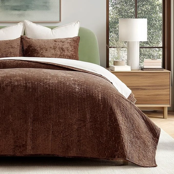 Pure EVERGRACE Velvet Quilt Set King Size Luxurious Soft Quilted Bedding Sets Lightweight Velvet Comforter for All Season Striped Channel Bedspread Coverlet with 2 Shams Rust Brown Smart