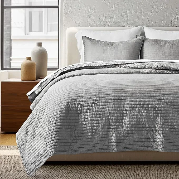 Advanced EVERGRACEHOME Cotton Sateen Quilt Set King Size Pre-Washed Cotton Channel Stitch Coverlet Bedspread 3 Pieces Lightweight Soft Bedding Sets for All Season with 2 Pillow Shams Fog Gray Powerful