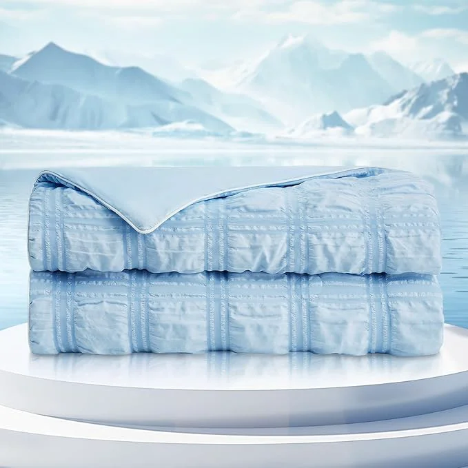 Refined Cozy Bliss Cooling Comforter Seersucker Plaid Twin Size Q-Max 0.45 Lightweight Cooling Blanket Breathable Silk Smooth Summer Bedding Quilt for Hot Sleepers Night Sweats Blue Reliable