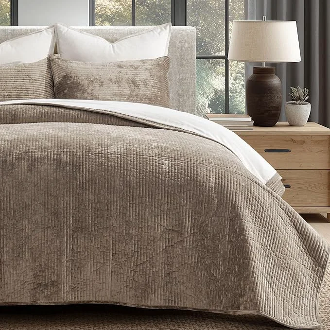 Functional EVERGRACE Velvet Quilt Set King Size Luxurious Soft Quilted Bedding Sets Lightweight Velvet Comforter for All Season Striped Channel Bedspread Coverlet with 2 Shams Natural Tan Classic