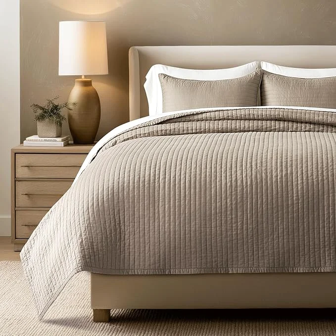 Secure EVERGRACEHOME Cotton Sateen Quilt Set King Size Pre-Washed Cotton Channel Stitch Coverlet Bedspread 3 Pieces Lightweight Soft Bedding Sets for All Season with 2 Pillow Shams Stone Taupe Functional