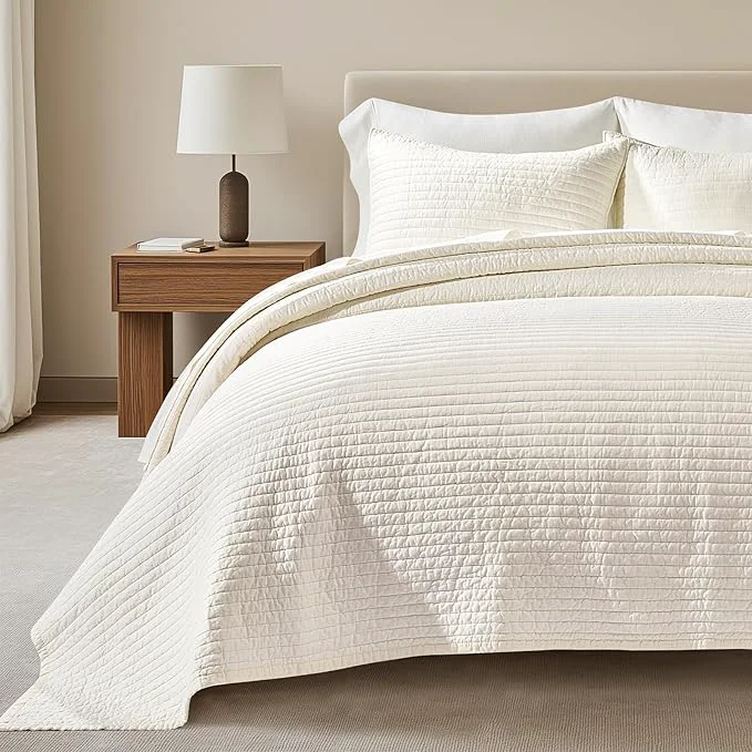 Healthy EVERGRACEHOME Cotton Sateen Quilt Set King Size Pre-Washed Cotton Channel Stitch Coverlet Bedspread 3 Pieces Lightweight Soft Bedding Sets for All Season with 2 Pillow Shams Cream Verified