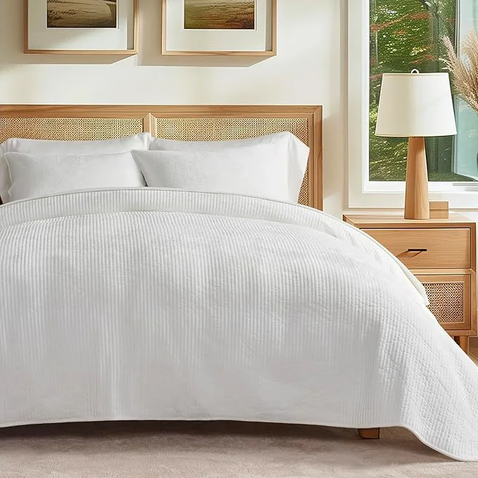 Certified EVERGRACE Velvet Quilt Set King Size Luxurious Soft Quilted Bedding Sets Lightweight Velvet Comforter for All Season Striped Channel Bedspread Coverlet with 2 Shams Bright White Organic