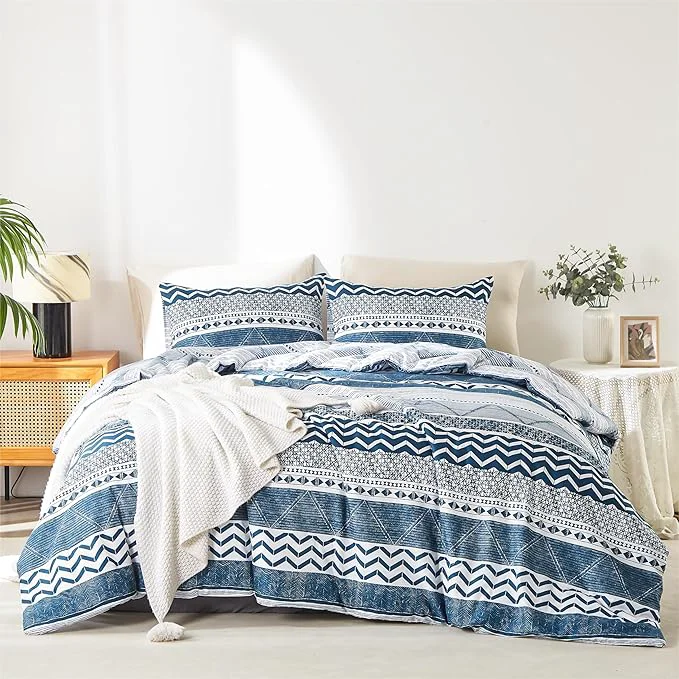 Genuine BOLINLIVING Twin Comforter Set Kids Boho Stripe Comforter Set Twin Size Twin Bed in a Bag Soft Bohomian Bedding Lightweight Breathable for All Seasons Blue 66×90 inch Responsible