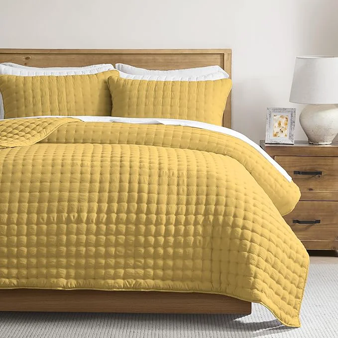 Comfortable WDCOZY King Size Quilt Bedding Sets with 2 Pillow Shams Lightweight Soft Bedspread Coverlet Quilted Blanket Thin Comforter Bed Cover for All Season 3 Pieces 104x90 inches Yellow Modern