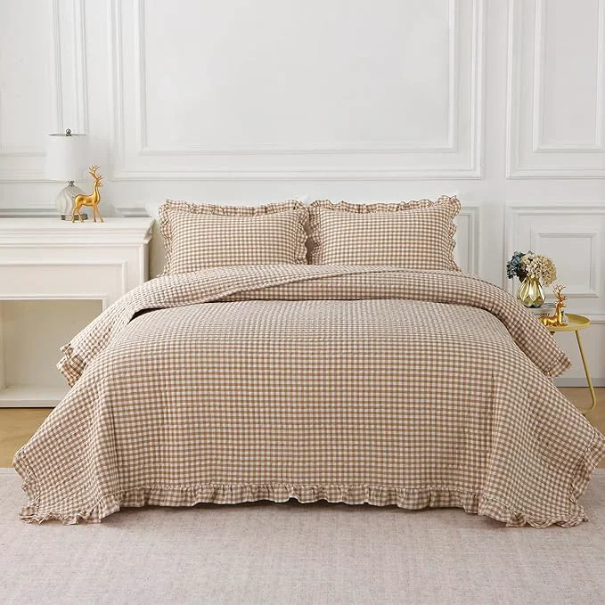 Professional Taupe White Ruffle Gingham Quilt Set Queen Size with Pillow Shams Washed Cotton Yarn-Dyed Quilted Bedspread Bedding Set Taupe Queen Trusted