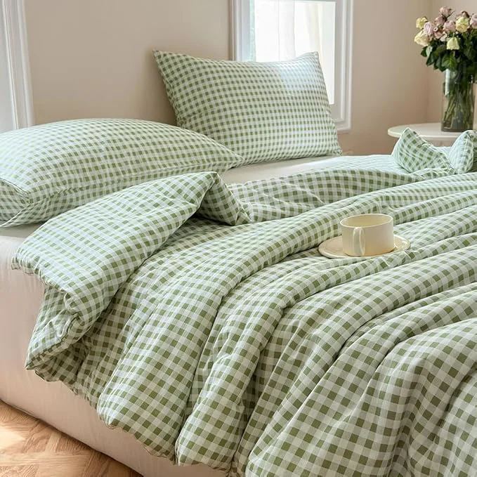 Outstanding NSNLGSGC Sage Green Gingham Cotton Comforter Set Twin Washed Cotton Green Plaid Checked Comforter Bedding 2 Pieces Vintage Farmhouse Grid Bedding Set Sage Green Gingham Twin Classic