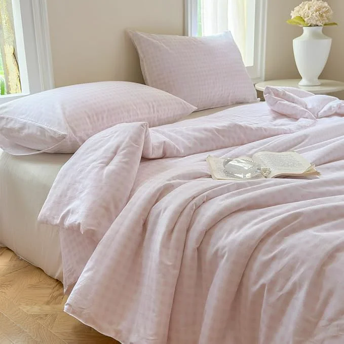 Excellent NSNLGSGC Pink Gingham Cotton Comforter Set Twin Washed Cotton Plaid Checked Comforter Bedding 2 Pieces Vintage Farmhouse Grid Bedding Set Pink Gingham Twin Exceptional