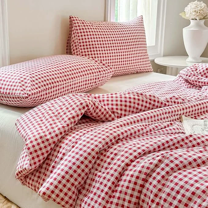 Durable NSNLGSGC Red Gingham Cotton Comforter Set Twin Washed Cotton Plaid Checked Comforter Bedding 2 Pieces Vintage Farmhouse Grid Bedding Set Red Gingham Twin Innovative