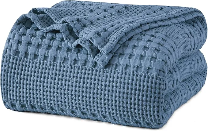 Detailed PHF Cotton Waffle Weave Blanket Twin Size for Bed Soft Lightweight amp Breathable for Spring and Summer All-Season Comfort Luxury Aesthetic Blanket for Home Decor 66 quot x90 quot Denim Blue High-Performance
