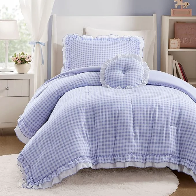 Innovative Intelligent Design Rowena Twin Comforter Set – Blue Gingham Ruffled Bedding Vintage Farmhouse Style Reversible All Season 3-Piece Bedding Set Twin Twin XL Gift for Her Casual
