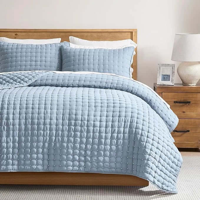 Expertly Made WDCOZY Queen Size Quilts Bedding Sets with 2 Pillow Shams Lightweight Soft Bedspread Coverlet Quilted Blanket Thin Comforter Bed Cover for All Season 3 Pieces 90x90 inches Blue