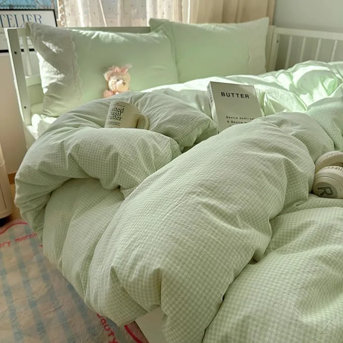 First-Class Green Gingham Comforter King Size Boho Plaid Bedding Set Down Fluffy Lace-Trimmed Lightweight Bedding Comforter Sets Soft Microfiber Breathable Cute Comforter with 2 Pillowcases Innovative