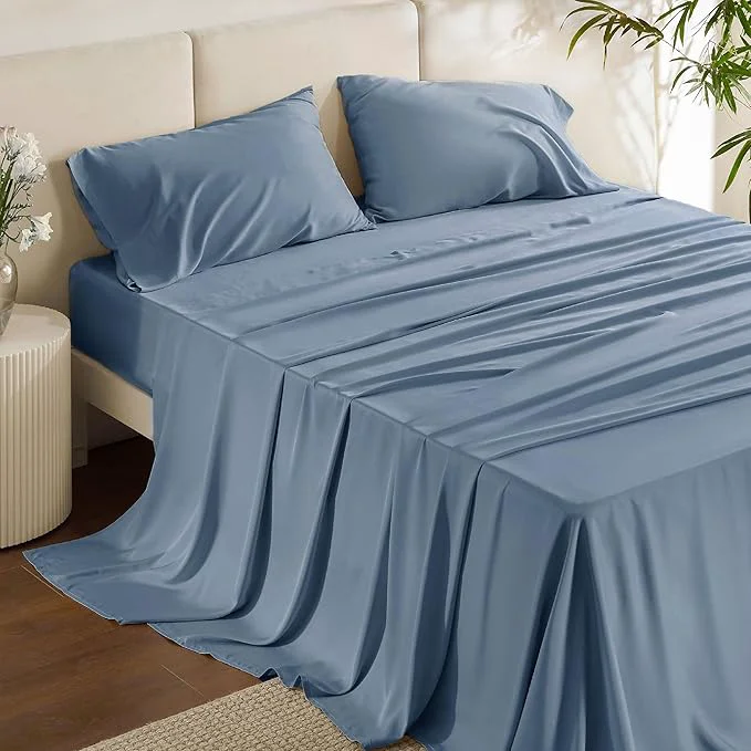 Bedsure Queen Sheet Set Cooling Sheets for Queen Size Bed Set Rayon Derived from Bamboo PureWoven Breathable amp Soft Deep Pocket Hotel Luxury Silky Bedding for Hot Sleepers Dusty Blue Organic