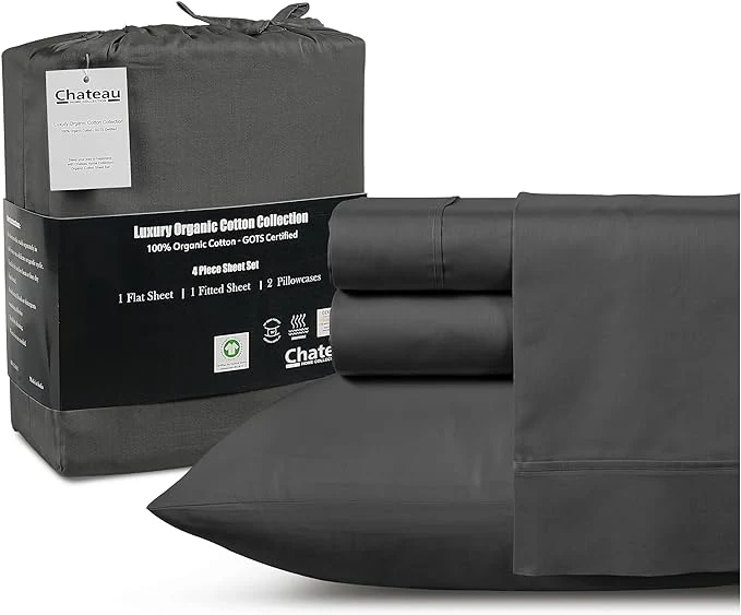 High-End Cotton Sheets King Size Sheets Set with Fitted Sheet amp Pillowcase Sets Sateen Weave 4 piece Deep Pocket King Sheet Set Soft amp Comfy Naturally Cool Luxury Bedding- Charcoal Pure