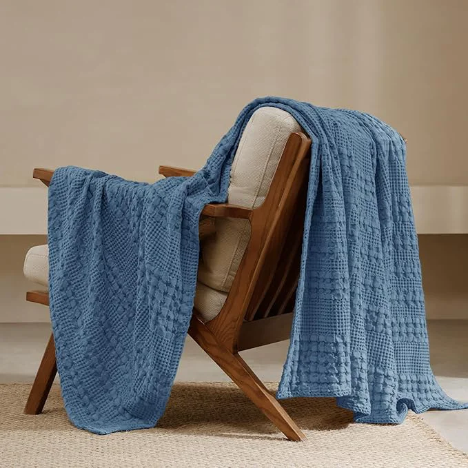 Sustainable PHF Cotton Waffle Weave Throw Blanket Soft Lightweight Breathable Cozy Throws for Couch Bed Sofa Luxury Aesthetic Blanket Gift for Home Decor amp Office 50 quot x60 quot Denim Blue Enhanced