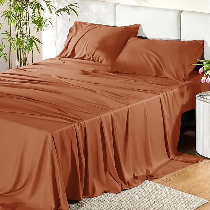 Functional Bedsure King Size Sheets Set Cooling Sheets for Hot Sleepers Rayon Derived from Bamboo PureWoven Breathable amp Soft Deep Pocket Up to 16 Inches Hotel Luxury Silky Bedding Burnt Orange Enhanced