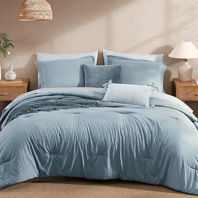 Lightweight Monbix Queen Comforter Set - 7 Pieces Dusty Blue Prewashed Bed in a Bag Queen Bedding Sets with Comforters All Seasons Ultra Soft Comforter Bed Set with Sheets Pillowcases amp Shams Recyclable