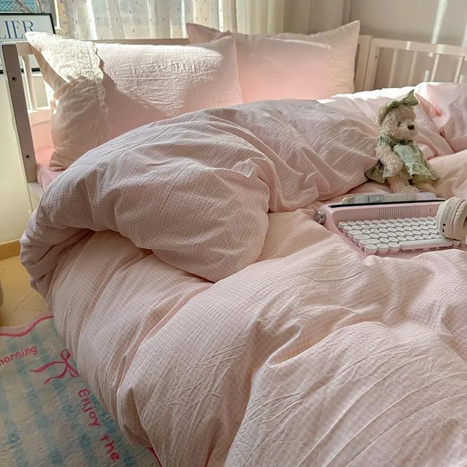 Flexible Pink Gingham Twin XL Comforter Fluffy Lightweight Bedding Set Farmhouse Boho Cozy Lace-Trimmed Bedding Comforter Set Down Microfiber Textured Plaid Comforter with 2 Pillowcases Genuine