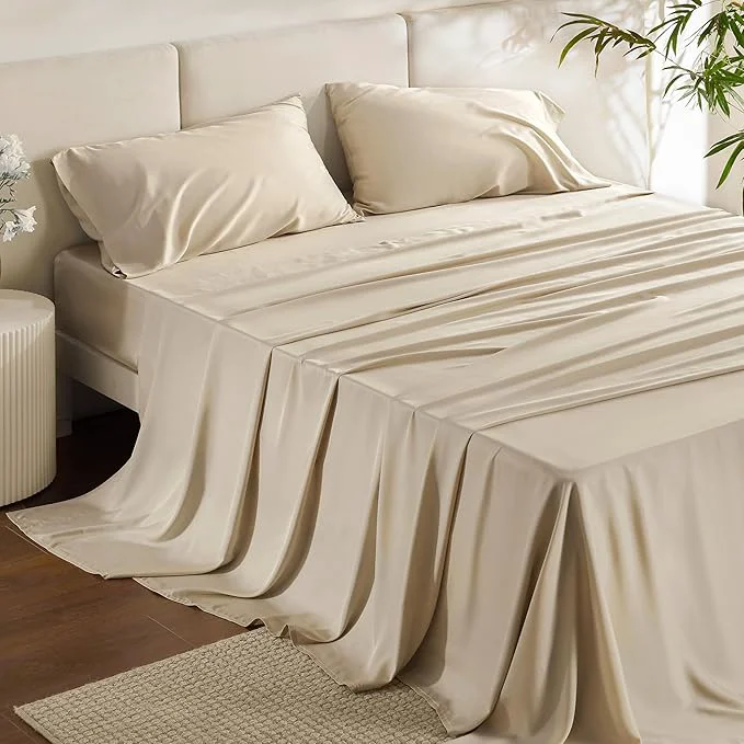 High-Quality Bedsure Queen Sheet Set Rayon Derived from Bamboo Cooling Sheets Deep Pocket Up to 16 quot PureWoven Breathable amp Soft Hotel Luxury Silky Bedding for Hot Sleepers Beige Clean