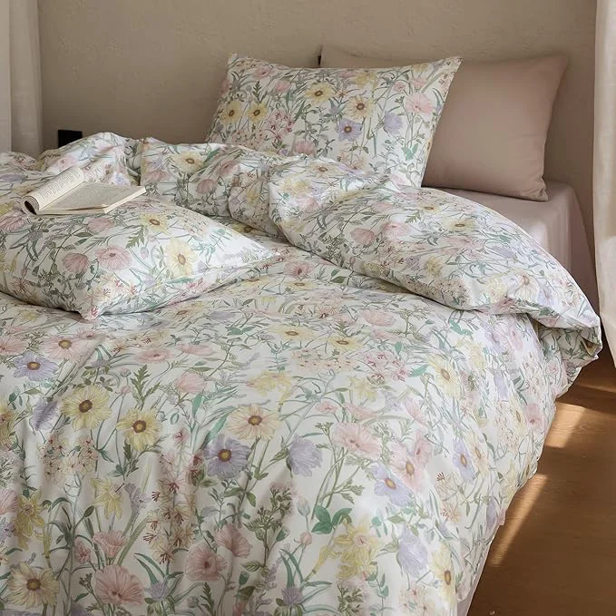 Environmentally Friendly Floral XL Twin Comforter Cotton Fluffy Bedding Set Lightweight Vintage Down Girly Bedding Comforter Sets Chic 3 Piece Boho Farmhouse Bed Comforter with 2 Pillowcases Certified