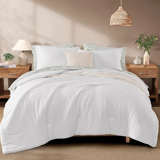 Smooth Monbix Full Size Comforter Set - 7 Pieces White Prewashed Bed in a Bag Full Bedding Sets with Comforters All Seasons Ultra Soft Comforter Bed Set with Sheets Pillowcases amp Shams Modern