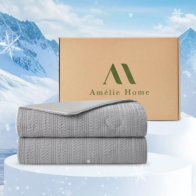 Soft Amélie Home Waffle Cooling Comforter Twin Size Q-Max 0.45 Reversible Lightweight Cooling Blanket for Hot Sleepers Breathable Bedding for Night Sweats 68 quot x90 quot Cool Gray Reusable