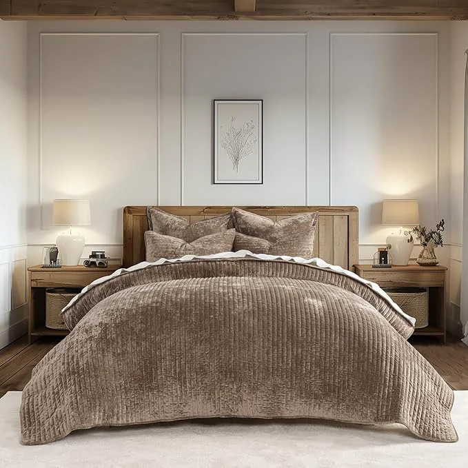 Practical EVERGRACE Velvet Quilt Set Queen Size Luxurious Soft Striped Channel Bedding Set Lightweight Velvet Comforter for All Season Oversized Bedspread Coverlet with 2 Matching Shams Mocha Brown Innovative