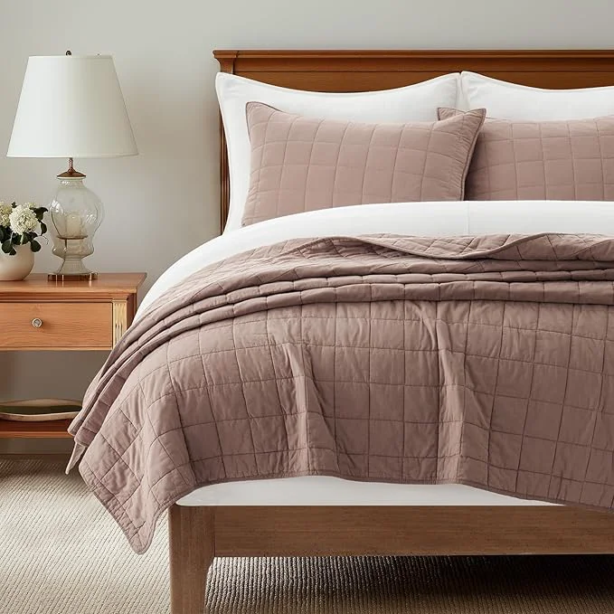 Long-Lasting EVERGRACEHOME Cotton Box Stitch Quilt Bedding Set King Size 3 Pieces Garment-Washed Lightweight Soft Cozy Coverlet Oversized Quilted Bedspread Sets with 2 Shams for All Season Clay High-Grade