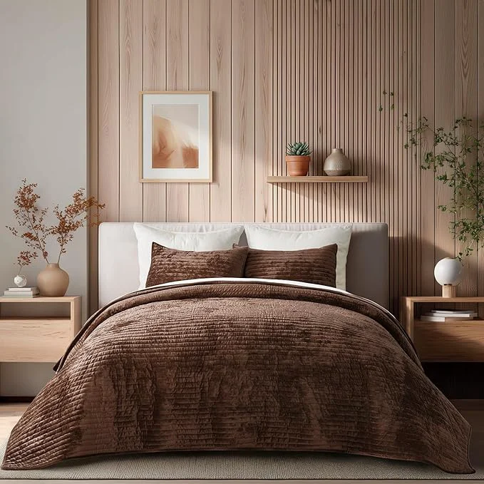 EVERGRACE Velvet Quilt Set California King 118 39 39 x 106 39 39 Luxurious Soft Striped Channel Bedding Set Lightweight Velvet Comforter for All Season Oversized Bedspread Coverlet w 2 Shams Rust Brown User-Friendly