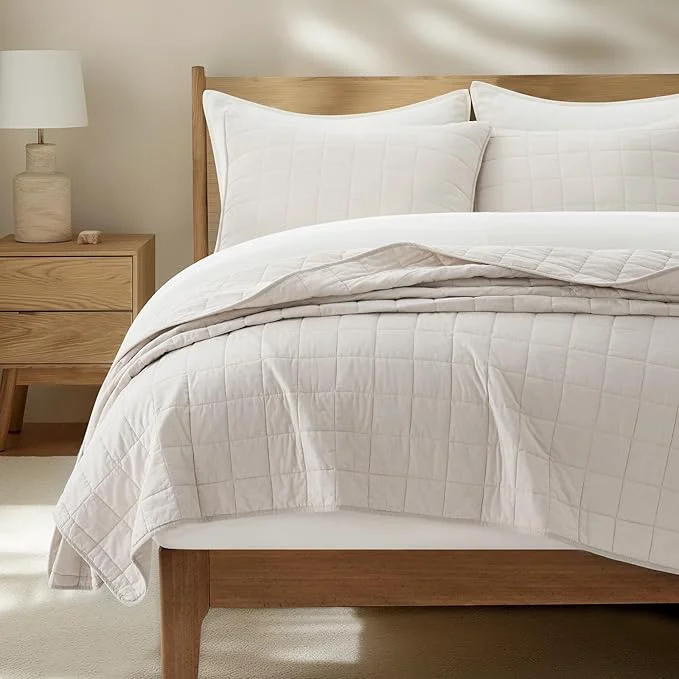 Next-Generation EVERGRACEHOME Cotton Box Stitch Quilt Bedding Set Queen Size 3 Pieces Garment-Washed Lightweight Soft Cozy Coverlet Quilted Bedspread Sets with 2 Shams for All Season Birch Organic