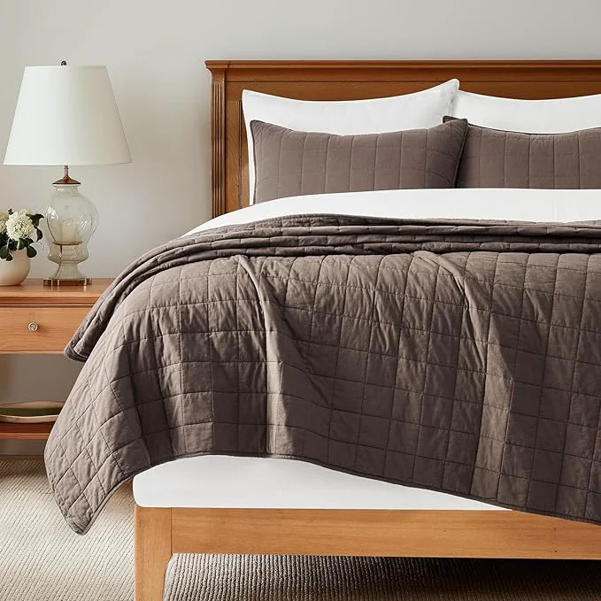 EVERGRACEHOME Cotton Box Stitch Quilt Bedding Set Queen Size 3 Pieces Garment-Washed Lightweight Soft Cozy Coverlet Quilted Bedspread Sets with 2 Shams for All Season Cocoa Brown Smooth
