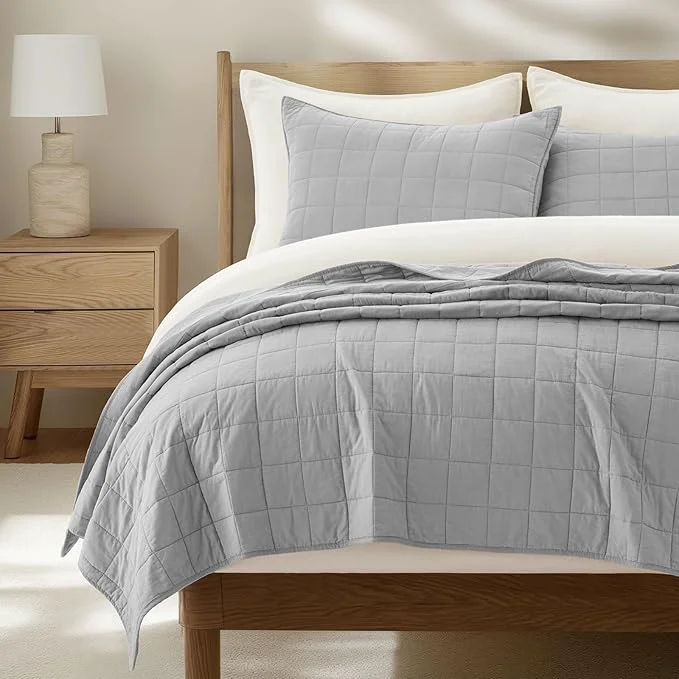 World-Class EVERGRACEHOME Cotton Box Stitch Quilt Bedding Set King Size 3 Pieces Garment-Washed Lightweight Soft Cozy Coverlet Oversized Quilted Bedspread Sets with 2 Shams for All Season Fog Gray Expertly Made