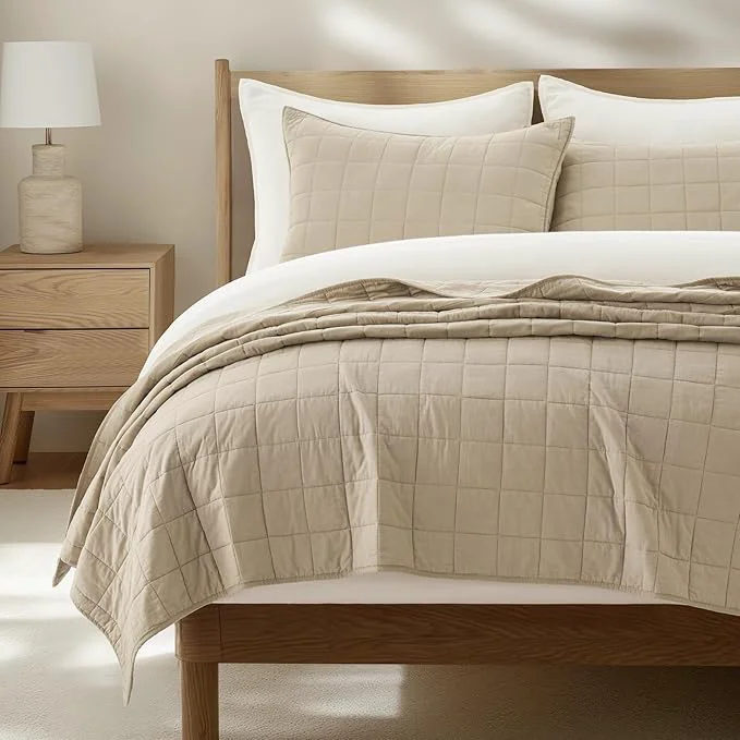 Functional EVERGRACEHOME Cotton Box Stitch Quilt Bedding Set Queen Size 3 Pieces Garment-Washed Lightweight Soft Cozy Coverlet Quilted Bedspread Sets with 2 Shams for All Season Pebble Khaki Fashionable