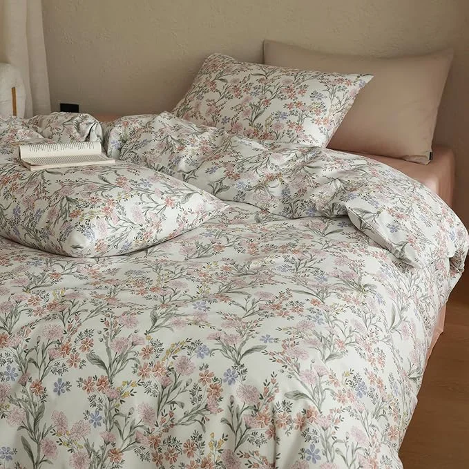 Clean Floral Queen Bed Comforter Set for Girls Cute Bedding Set Cotton Down Fluffy Boho Bedding Comforter Sets Cottage Core Farmhouse Lightweight Soft Bed Comforter with 2 Pillowcases High-Performance