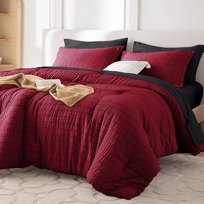 World-Class MUXHOMO 7 Pieces Queen Comforter Set Seersucker Bed in a Bag Queen Size All Season Luxury Bedding Set with Comforter Flat Sheet Fitted Sheet Pillowcases amp Shams Red amp Black Minimalist