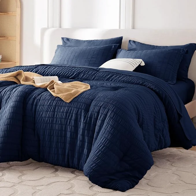 Sustainable MUXHOMO 7 Pieces Queen Comforter Set Seersucker Bed in a Bag Queen Size All Season Luxury Bedding Set with Comforter Flat Sheet Fitted Sheet Pillowcases amp Shams Navy Blue Fast