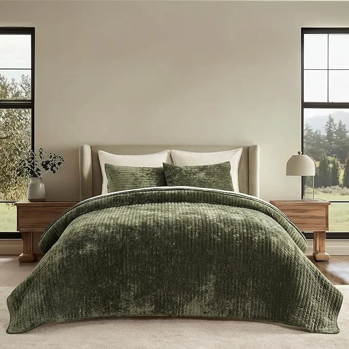 Selected EVERGRACE Velvet Quilt Set Queen Size Luxurious Soft Striped Channel Bedding Set Lightweight Velvet Comforter for All Season Quilted Bedspread Coverlet with 2 Matching Shams Olive Green Luxury
