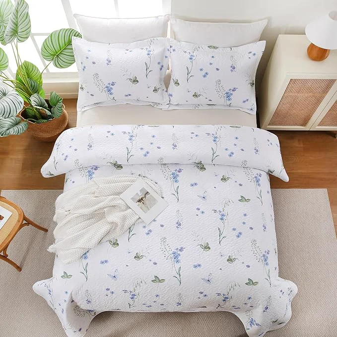 Healthy Queen Size Quilt Bedding Set Lightweight White Floral Bed Quilts Reversible Elegant Bedspread Comforter Coverlets Sets with 2 Pillow Shams 90 quot ×90 quot Original Design