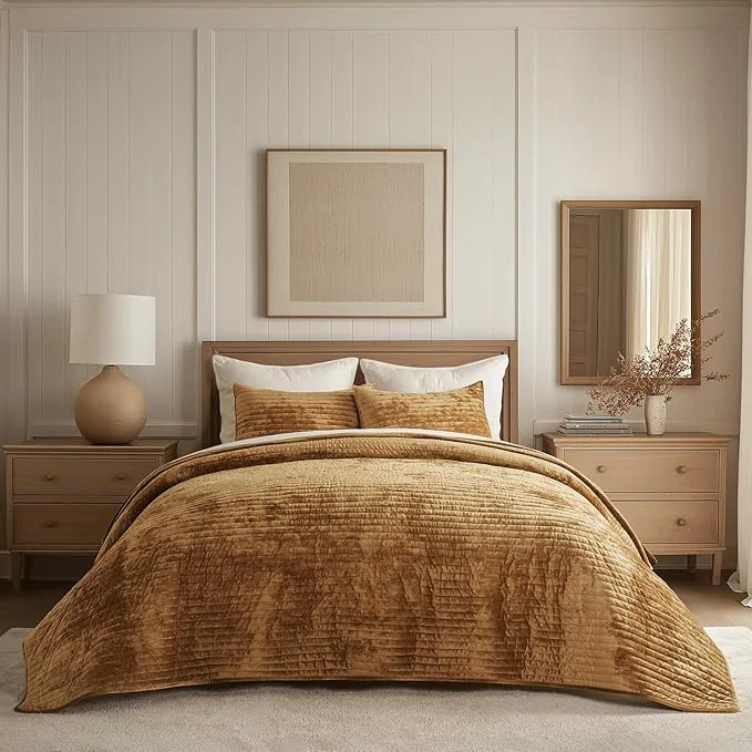 Flexible EVERGRACE Velvet Quilt Set King Size Luxurious Soft Striped Channel Bedding Set Lightweight Velvet Comforter for All Season Oversized Bedspread Coverlet with 2 Matching Shams Gold Yellow Natural