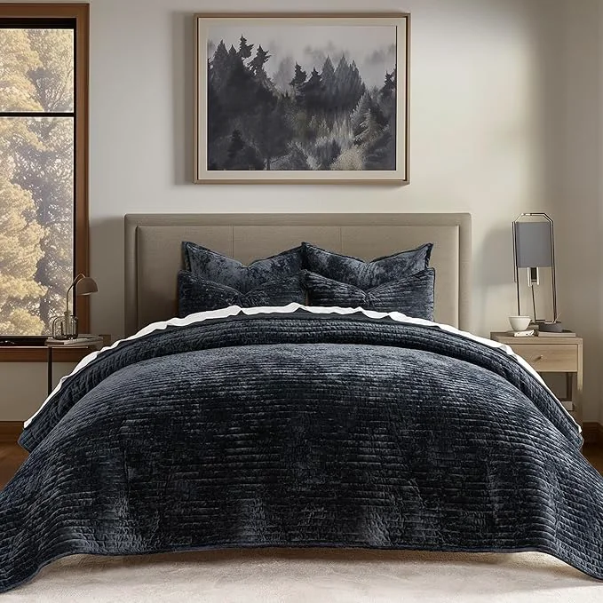 Selected EVERGRACE Velvet Quilt Set King Size Luxurious Soft Striped Channel Bedding Set Lightweight Velvet Comforter for All Season Oversized Bedspread Coverlet with 2 Matching Shams Black Secure