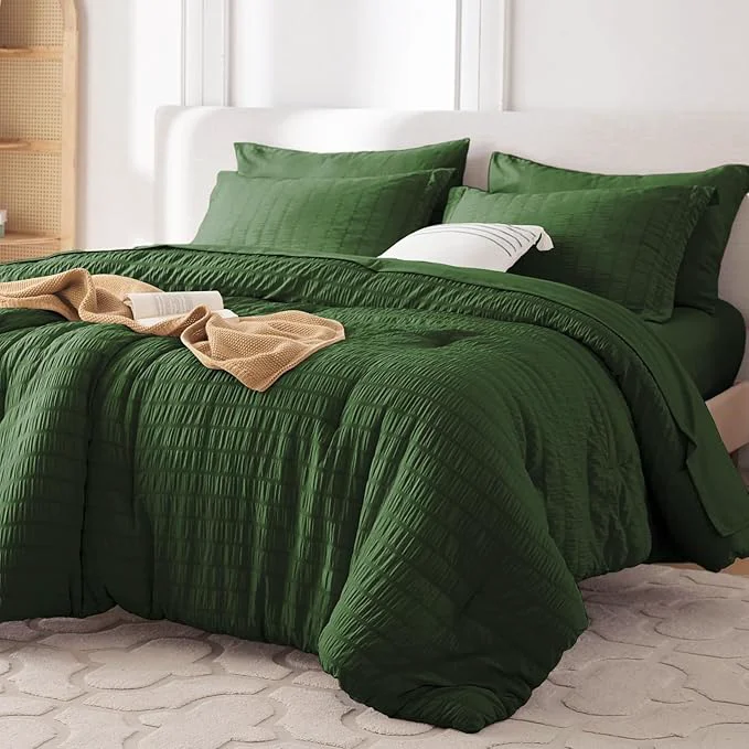 Safe MUXHOMO 5 Pieces Twin Comforter Set Seersucker Bed in a Bag Twin Size All Season Luxury Bedding Set with Comforter Flat Sheet Fitted Sheet Pillowcase amp Sham Dark Green Clean