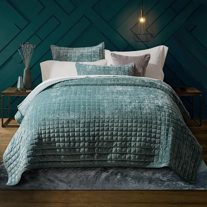 RECYCO Luxury Velvet Quilt Set Full Queen Size Lightweight Velvet Comforter Set Oversized Bedspread Coverlet Quilted Bedding Set with 2 Matching Pillow Shams for All Season Aqua Green Secure